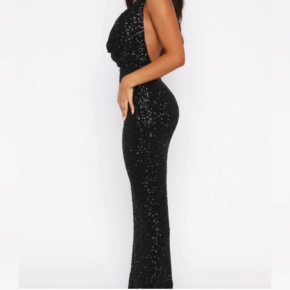 White Fox Boutique Black Sequin Halter Maxi Gown | XS